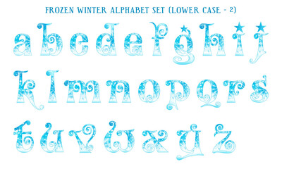 Poster - Frozen winter watercolor alphabet set, includes letters (uppercase and lowercase), numbers, and symbols. 
