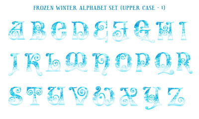 Poster - Frozen winter watercolor alphabet set, includes letters (uppercase and lowercase), numbers, and symbols. 