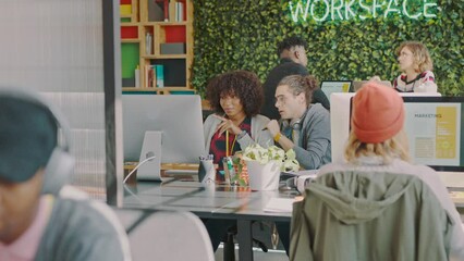 Poster - Colleague, creative office and web designer team working together on homepage in a design agency. Workspace, workplace and ux or ui software creativity with startup staff designing project