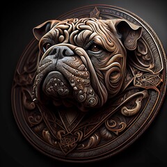 Sticker - Metal badge medal with bulldog and patterns in black background