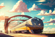 Train Station. Clear Sunny Day, Sky With Movie Atmosphere And Wonderful Cloud, Beautiful Colorful Landscape, Anime Comic Style Art. For Poster, Novel, UI, WEB, Game, Design