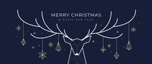 Luxury Christmas And Happy New Year Concept Background Vector. Elegant Geometric Reindeer And Gold Hanging Bauble Ball Line Art On Dark Blue Background. Design For Wallpaper, Card, Cover, Poster.