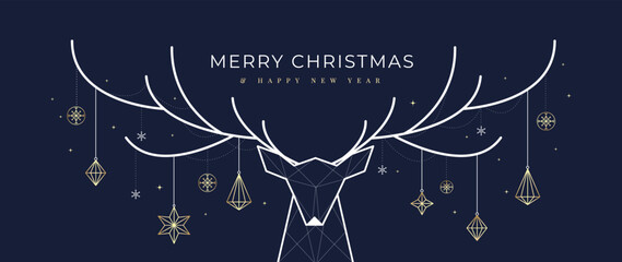Wall Mural - Luxury christmas and happy new year concept background vector. Elegant geometric reindeer and gold hanging bauble ball line art on dark blue background. Design for wallpaper, card, cover, poster.
