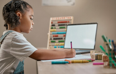 Poster - Girl writing, education toys and laptop in house with crayons, paper and mental development by desk. Young african child, female learner or pen for notes, drawing or learning in home school with pc