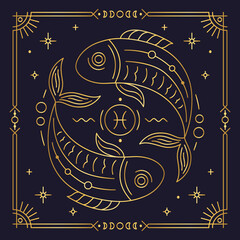 Wall Mural - Pisces zodiac astrological horoscope golden sign dark navy card. Stylized Fishes symbol of esoteric, zodiacal astrological calendar, horoscope constellation thin line vector illustration