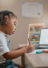 Poster - E learning, online education and child writing math, numbers and school laptop for home teaching website at a table. Kindergarten, drawing and girl kid on pc technology in digital, virtual class test