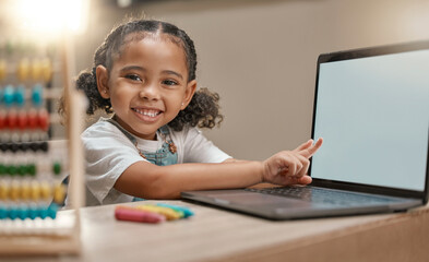 Canvas Print - Mockup laptop, e learning portrait and child pointing at digital mock up screen for marketing, advertising or product placement. Remote education, homeschool and student girl study with math software