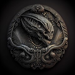 Sticker - Metal badge medal with dragon and patterns in black background