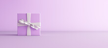Mock-up Poster, Lavander Color Gift Box With White Bow On Light Purple Background, 3D Render, 3D Illustration.