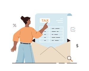 Wall Mural - Tax payment concept, Federal taxation. Mailing Tax Return,  Postal Service. Woman looking at tax form in an envelope. Cartoon flat vector illustration.