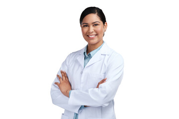 png of a cropped portrait of an attractive young female scientist standing with her arms folded in s