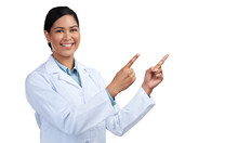 PNG Of A Cropped Portrait Of An Attractive Young Female Scientist Pointing Towards Copyspace In Studio Against A Grey Background