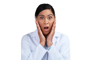 Wall Mural - PNG of a cropped portrait of an attractive young female scientist looking shocked in studio against a grey background