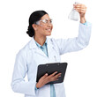 PNG of a cropped shot of an attractive young female scientist examining a beaker filled with liquid in studio against a grey background