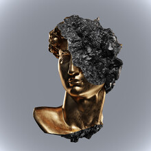 Illustration From 3D Rendering Of Golden Classical Style Broken Male Head Sculpture With Shiny Black Fracture Side And Isolated On Grey Background.