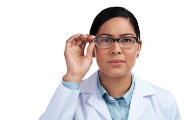 Wall Mural - PNG of a cropped portrait of an attractive young female scientist wearing glasses in studio against a grey background