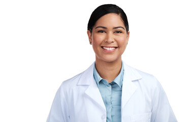 PNG of a cropped portrait of an attractive young female scientist posing in studio against a grey background