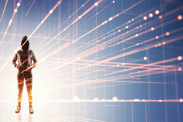 Poster - Person in hoodie standing on creative linear matrix hologram blurry background. Metaverse, vr and futuristic technology concept. Double exposure.