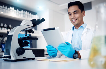 Aufkleber - Science, tablet and microscope with a man at work in a laboratory for research or innovation. Doctor, medicine and healthcare with a male engineer working in a lab for future medical development