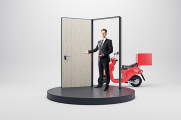 Poster - Online delivery to door concept. Man standing next to open door and scooter. Fast food service concept.