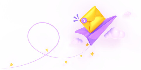 Poster - Email message service 3d render. Flying paper plane and mail envelope in sky with clouds and stars, unread message, web page for email marketing company, sending notifications icon. 3D illustration