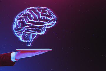 Aufkleber - Close up of businessman hand holding cellphone with glowing digital human brain hologram on dark purple background with mock up place. AI and machine learning concept.