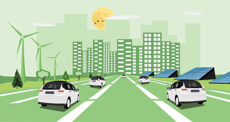 Simulate a city without pollution. Picture of an electric car heading into the city. with solar panels and wind turbines beside the road. Cartoon image EPS10 vector. 