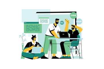 Poster - coding green concept with people scene in the flat cartoon design. programmers work together on the 