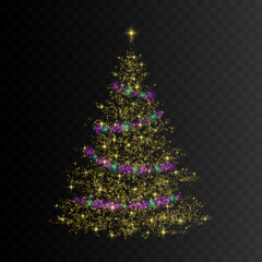 Wall Mural - Christmas tree. Gold glitter transparent light effect. Vector illustration