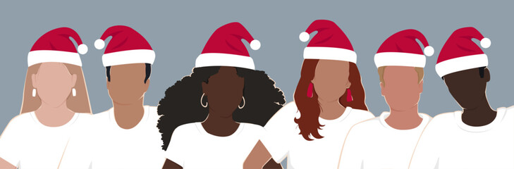 Wall Mural - Happy New Year long horizontal banner. A group of diverse people wearing Santa hats. Modern Christmas flat illustration.