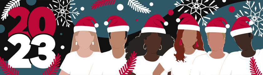 Wall Mural - Happy New Year 2023 long horizontal banner. A group of diverse people wearing Santa hats. Modern Christmas flat illustration.