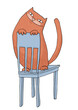 Niedliche, orange Katze sitzt und lächelt frech auf einem Stuhl