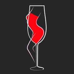 Wine glass logo. Lady in Red Wine. Woman Body Art Bar. Black background. Vector Illustration