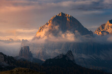 Cinque Torri and Tofana mountains view during sunset from Giau Pass, Cortina d'Ampezzo, Belluno province, Veneto, Italy.