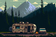 A camping van in jungle pixel art