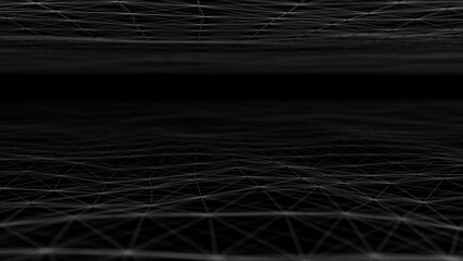 Poster - Wave of digital particles on a black background. Abstract interlacing lines and points. Digital connection of elements. Simulation of the movement of small particles. 3D rendering.