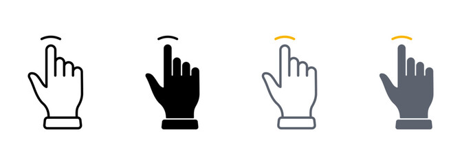 Poster - Tap Gesture Line and Silhouette Color Icon Set. Hand Cursor of Computer Mouse Pictogram. Pointer Finger Click Press Touch Symbol Collection on White Background. Isolated Vector Illustration