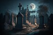 Two moons illuminate the cemetery at night in winter.	Cemetery at night, raven. 3d illustration