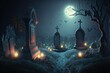 Two moons illuminate the cemetery at night in winter.	Cemetery at night, raven. 3d illustration