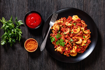 Wall Mural - tasty Polenta Ground beef Casserole on black plate