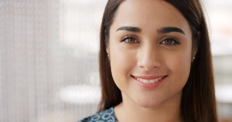 Aufkleber - Face of woman in Mexico with smile, confidence and success standing in office lobby. Portrait of young happy woman at startup, leader and ceo with vision in small business management for web company.