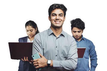 PNG of a professional businessman standing with the hands folded with his staff in the background.