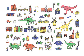 Wall Mural - Dinosaurs in the city vector illustrations set.