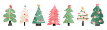 Set Of Watercolor Christmas Tree Vector Illustration. Collection Of Hand Drawn Cute Decorative Christmas Trees Isolated On White Background. Design For Sticker, Decoration, Card, Poster, Artwork. 