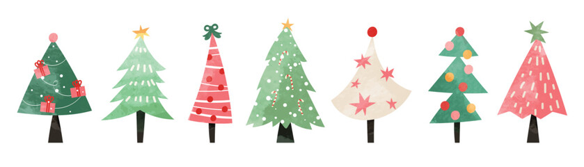 Set of watercolor christmas tree vector illustration. Collection of hand drawn cute decorative christmas trees isolated on white background. Design for sticker, decoration, card, poster, artwork. 