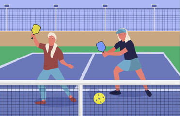 Playing pickleball. New modern game. Vector illustration