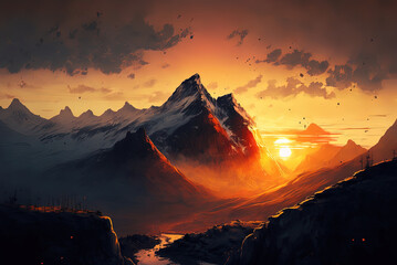 As the sun set, the mountainous terrain Generative AI