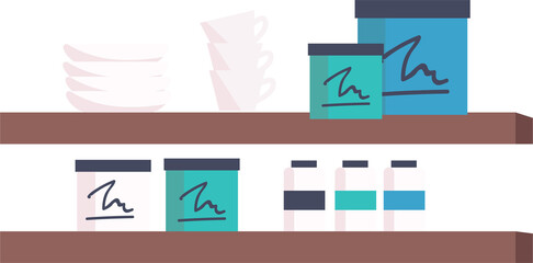 Poster - Shelves with protein powder containers and dinnerware semi flat color raster object. Full sized item on white. Simple cartoon style illustration for web graphic design and animation