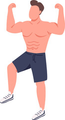 Poster - Male bodybuilder showing triceps and biceps semi flat color raster character. Posing figure. Full body person on white. Simple cartoon style illustration for web graphic design and animation