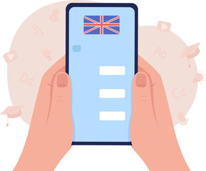 Poster - Improving British English 2D raster isolated illustration. Flat first view hand on cartoon background. Colourful scene for mobile, website